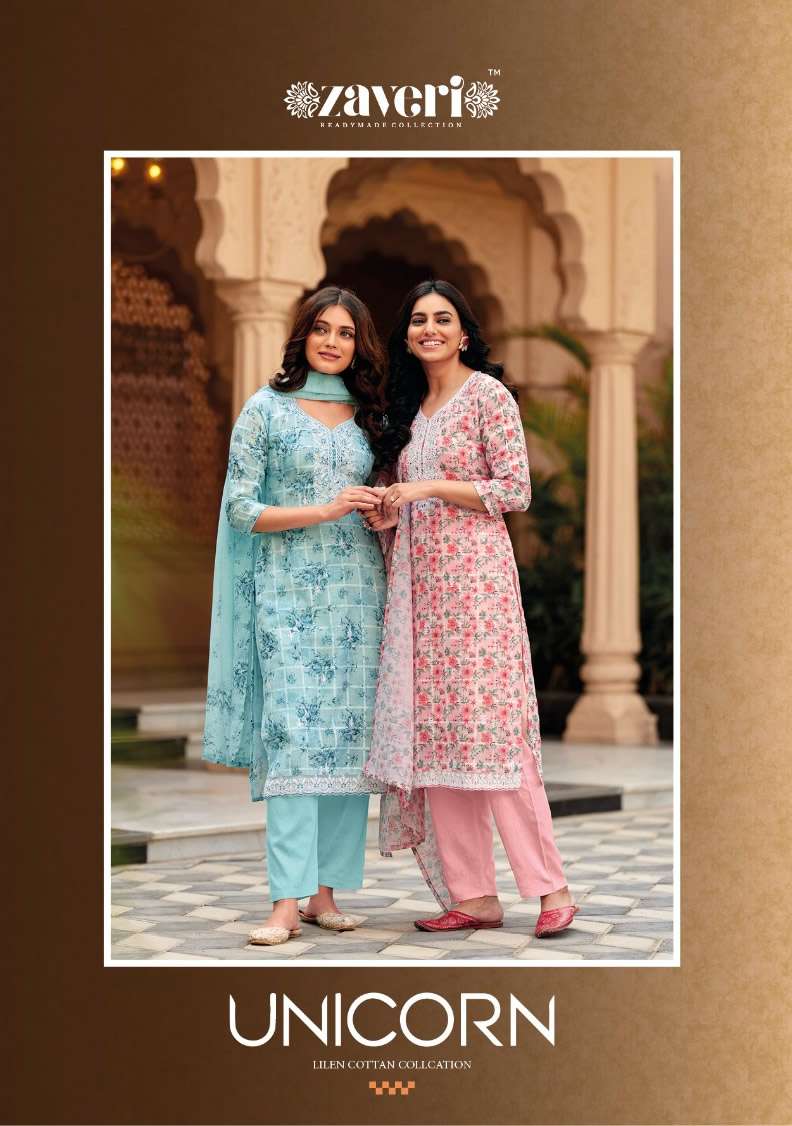 UNICORN HEAVY LILEN EMBOIDERY WORK KURTI WITH CHANDERI COTTON PANT AND DUPATTA BY ZAVERI BRAND POSTER